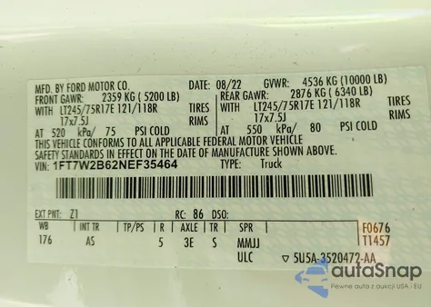 2022 Ford F-250 Xl из США, поврежденный, VIN 1FT7W2B62NEF35464